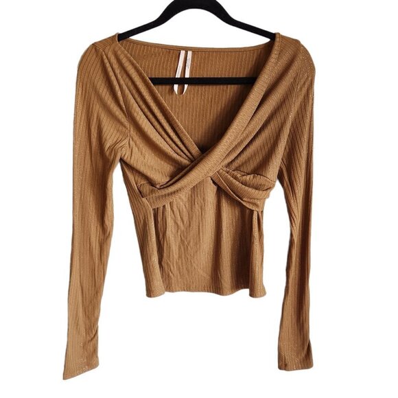 Anthropologie Tops - Anthropologie Shirt Small Moss Brown Twist-Front Shimmer Top V Neck Long Sleeve